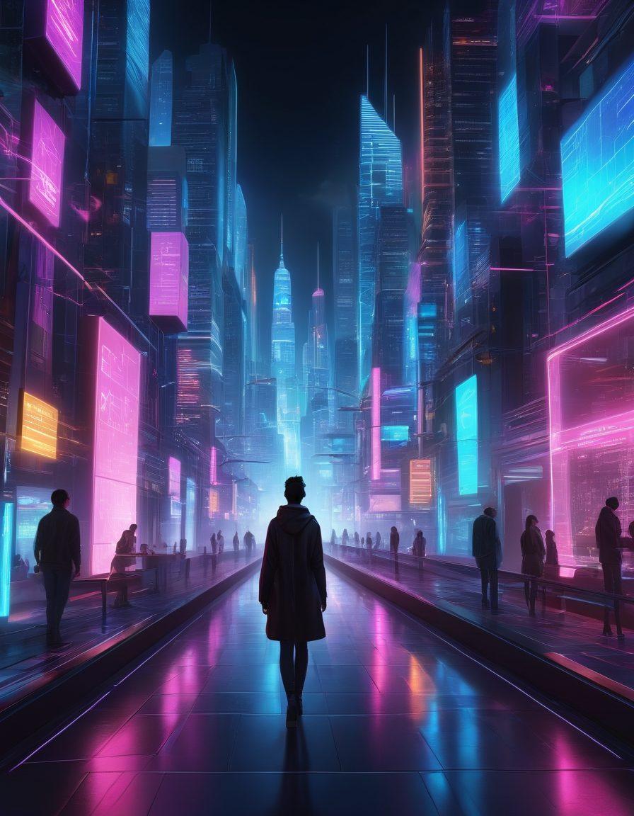A futuristic landscape showcasing a digital city with glowing blocks representing decentralized identity solutions, interconnected with vibrant neon pathways. Include diverse avatars symbolizing users from different cultures and backgrounds, each interacting with holographic interfaces displaying secure, transparent identity features. The backdrop should feature a high-tech skyline, hinting at innovation and trust. vivid colors. cyberpunk. 3D.