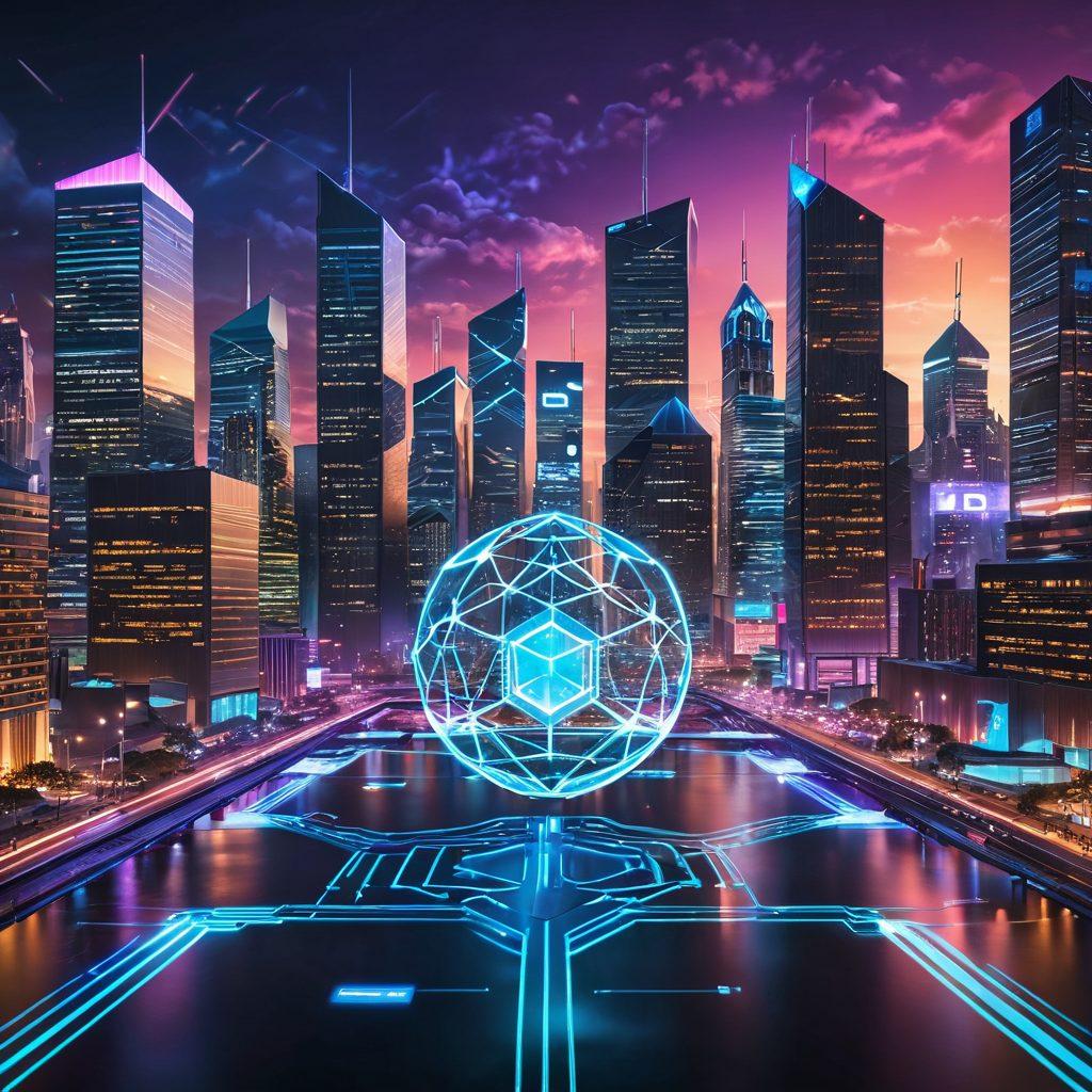 A futuristic digital landscape showcasing a blockchain network intertwined with symbols of governance, such as a virtual city hall and digital ID cards. The scene should be vibrant, with glowing nodes and links representing secure connections, set against a backdrop of a high-tech city skyline. Incorporate elements like data streams and holographic interfaces to emphasize security and innovation. vibrant colors. cyberpunk.