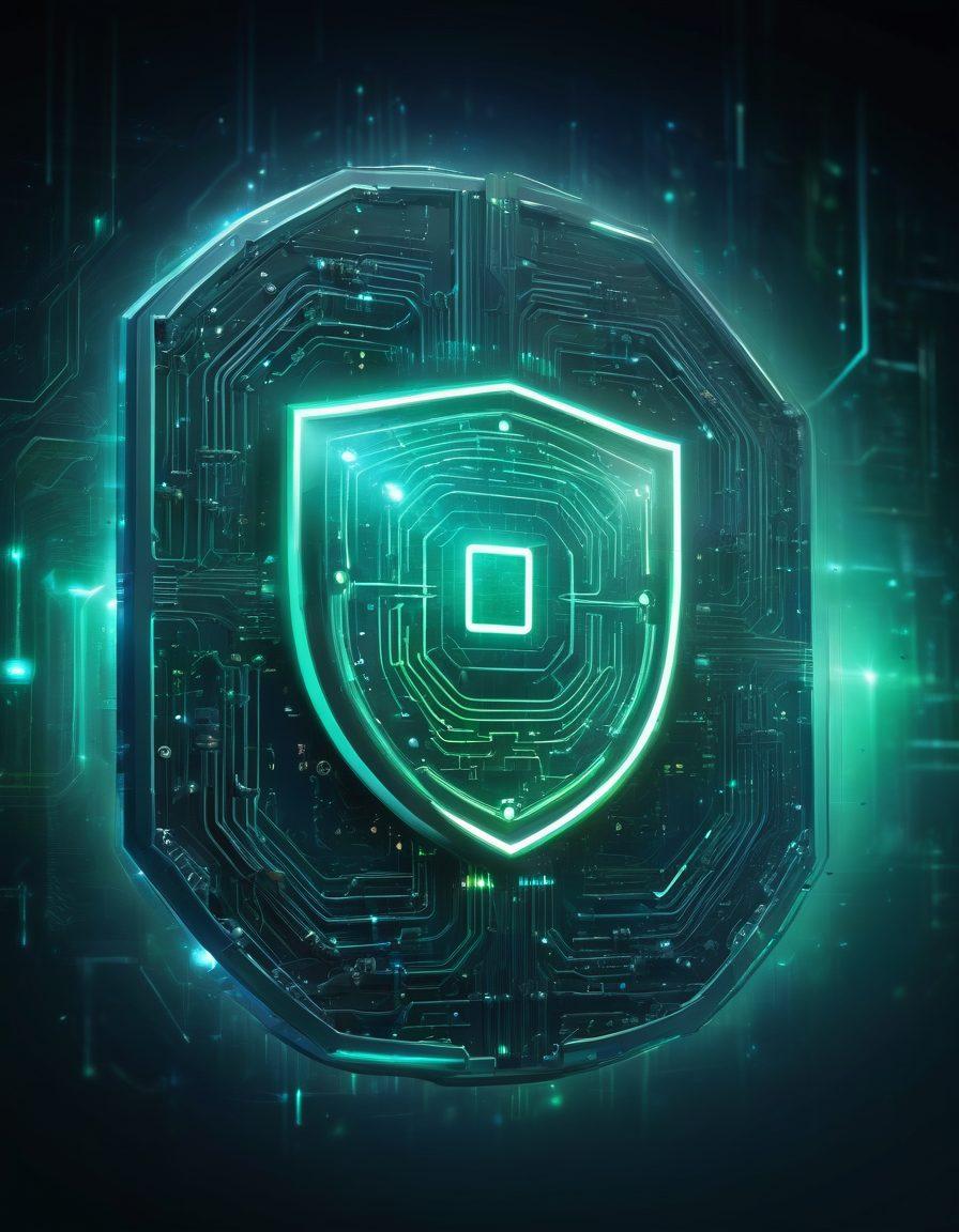 An abstract digital landscape representing cybersecurity, featuring interconnected nodes symbolizing distributed identity, with a transparent shield made of glowing circuitry at the center, encapsulating trust. The background fades from dark blue to bright green, with binary code subtly integrated into the design. Glossy texture and futuristic elements enhance the theme of security. vibrant colors. cyberpunk. abstract.